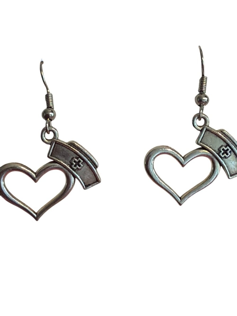 Nurse Hat Heart Silver Tone Dangle Hook Earrings Healthcare Openwork 1.5" 3.39g